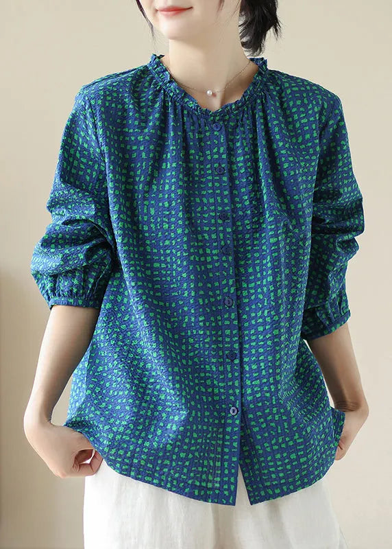 New Blue Ruffled Print Cotton Shirt Tops Spring
