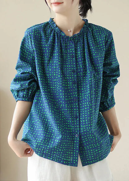 New Blue Ruffled Print Cotton Shirt Tops Spring