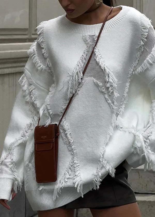 New White O Neck Tassel Knit Sweater Tops Fall