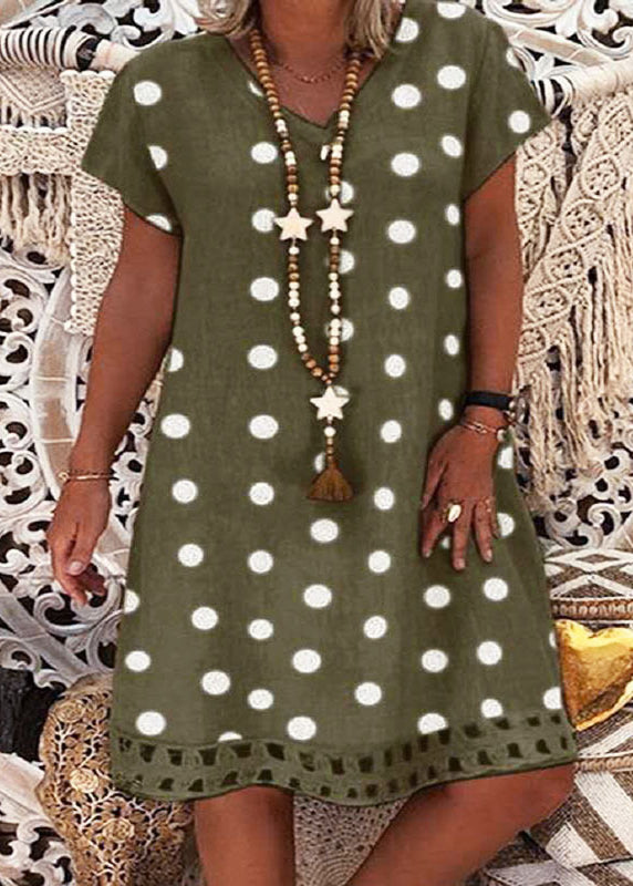 Khaki V Neck Dot Print Cotton Dress Summer