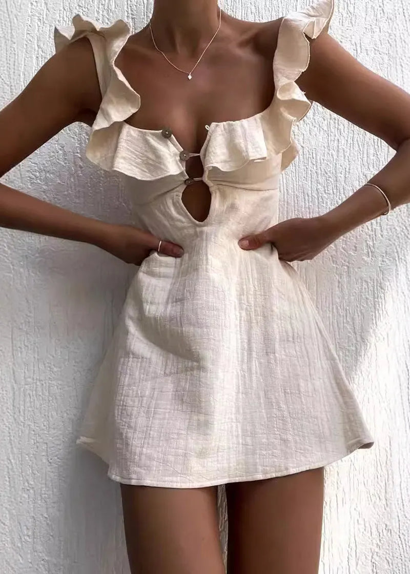 New Apricot Ruffle Hollow Out Mid Dress Summer