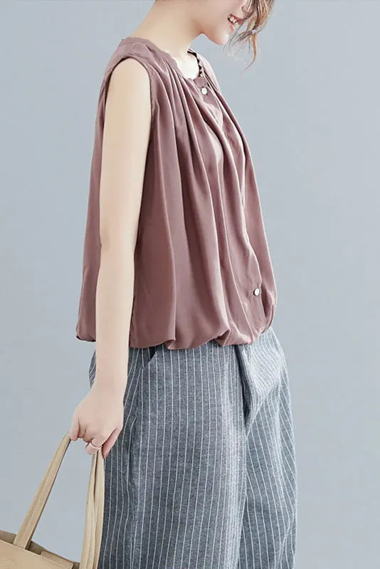 Summer Loose Sleeveless T-shirt Open Top Pleated Tank Top
