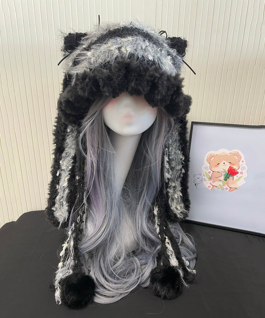 Black Knitted Cozy Thick Warm Fleece Versatile Hat