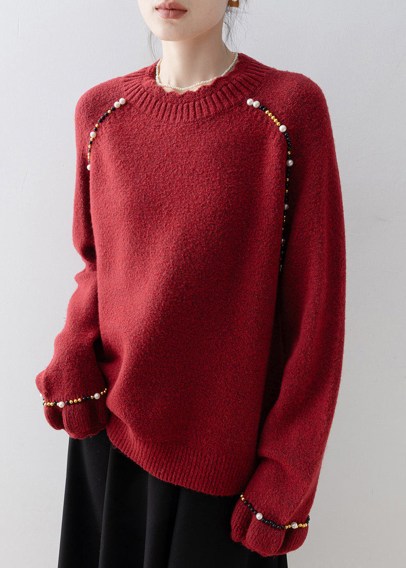 Red O Neck Nail Bead Knit Sweater Spring