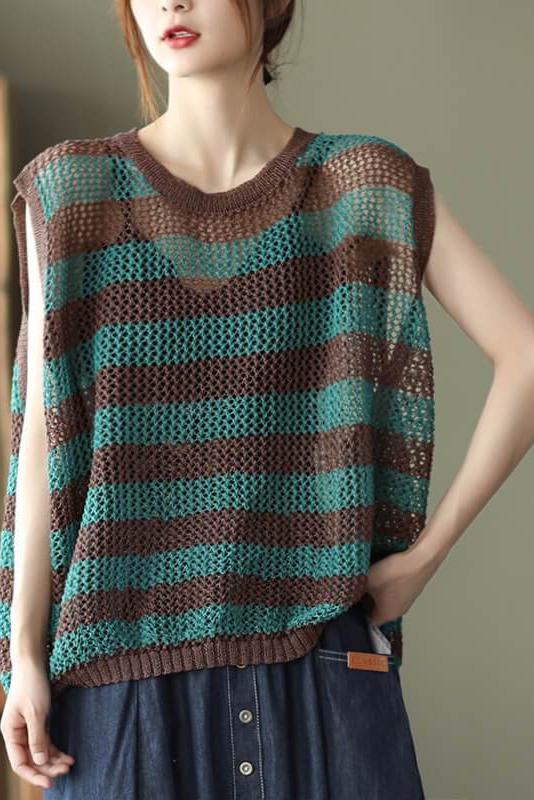 Hollow Out Stripes O Neck Sleeveless Vest Top
