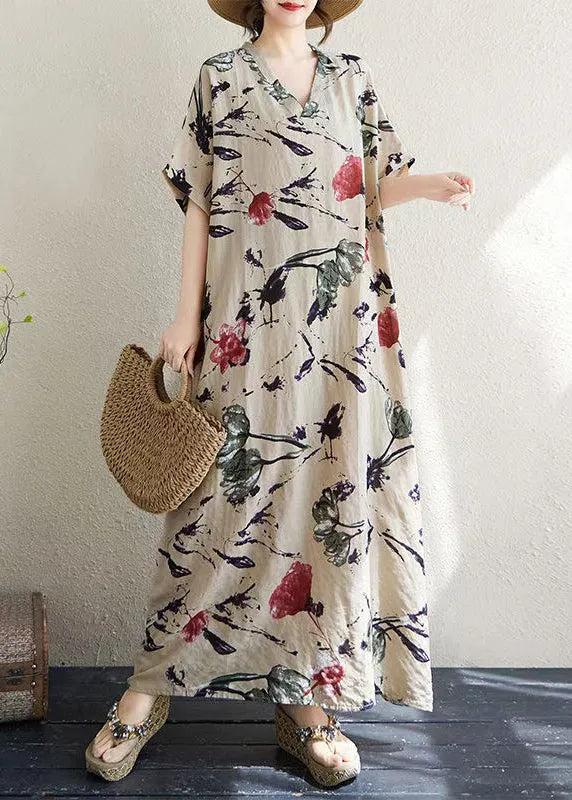 Italian Khaki Oversized Print Cotton Dresses Summer