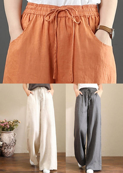 French Brown Geometry Elastic Waist Pockets Linen Wide Leg Pants Summer