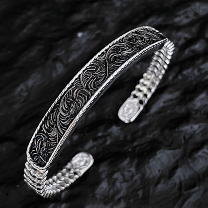 Buddha Stones Tang Dynasty Flower Design Engraved Copper Luck Cuff Bracelet Bangle Adjustable Ring