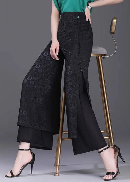 Chinese Style Green High Waisted Jacquard Straight Leg Pants Summer