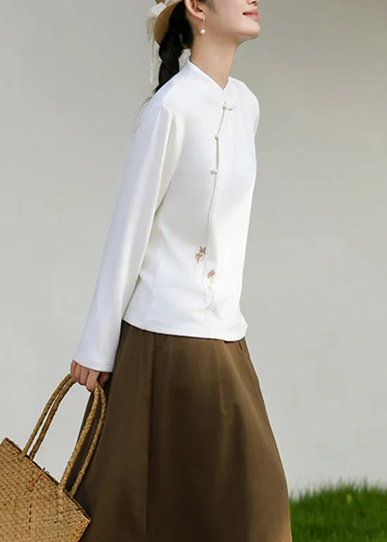 Chinese Style White Stand Collar Embroideried Cotton T Shirts Spring