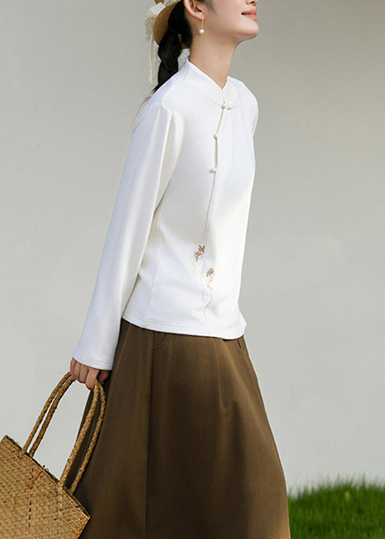 Chinese Style White Stand Collar Embroideried Cotton T Shirts Spring