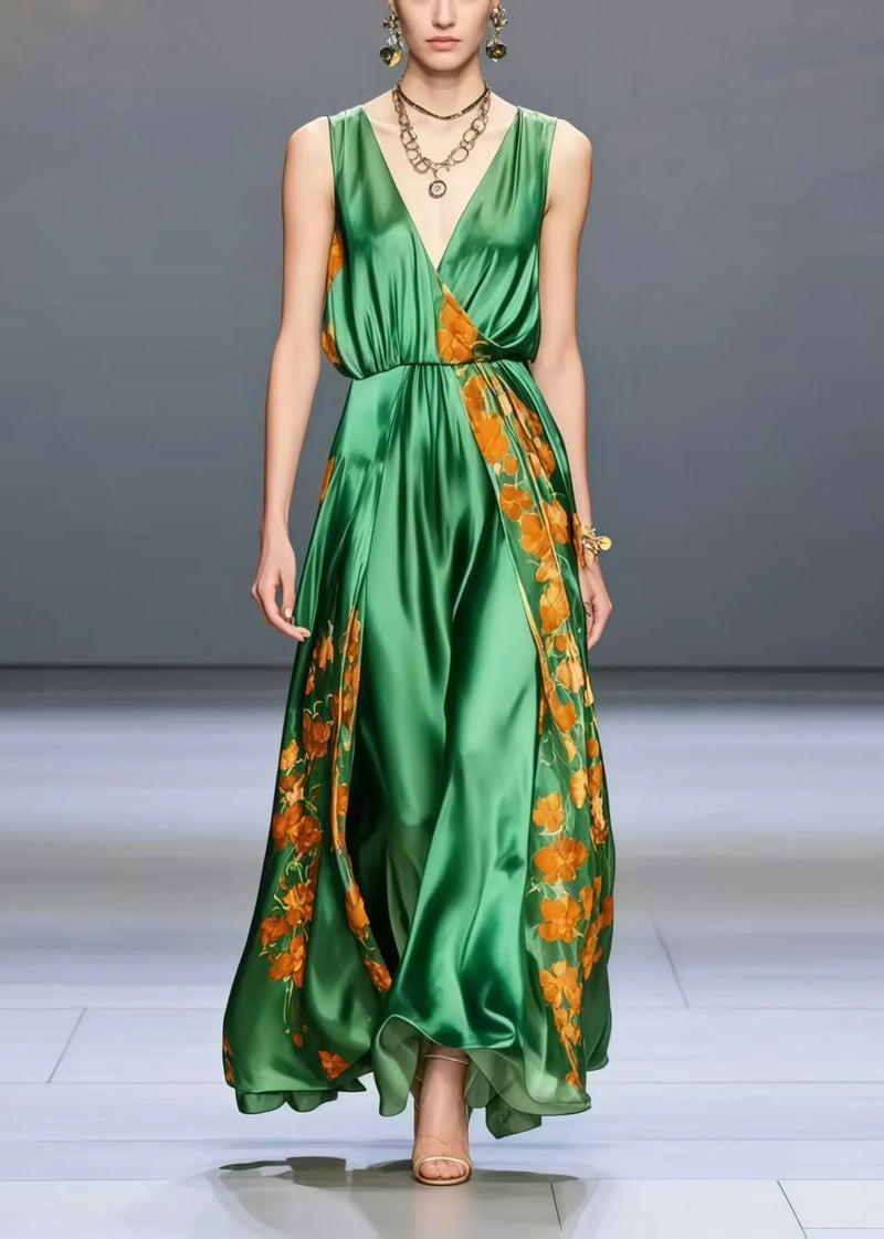 Peacock Green V Neck Print Silk Holiday Dress Sleeveless