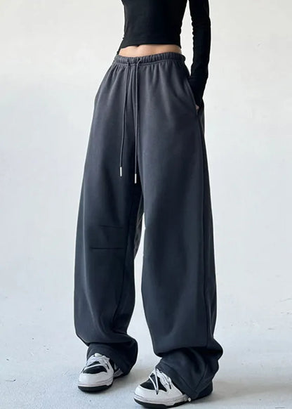 Yellow Patchwork Elastic Waist Warm Fleece Straight Pants Spring