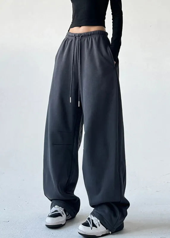 Yellow Patchwork Elastic Waist Warm Fleece Straight Pants Spring