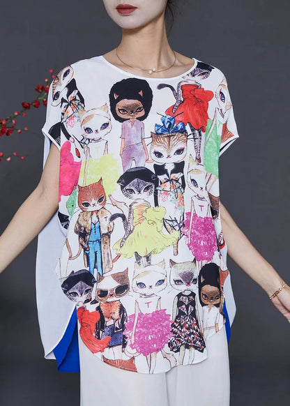 White Print Chiffon Fake Two Piece Tops Summer