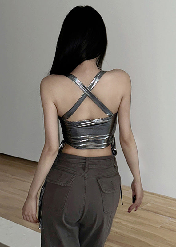 Silvery Cinched Faux Leather Vest Sleeveless