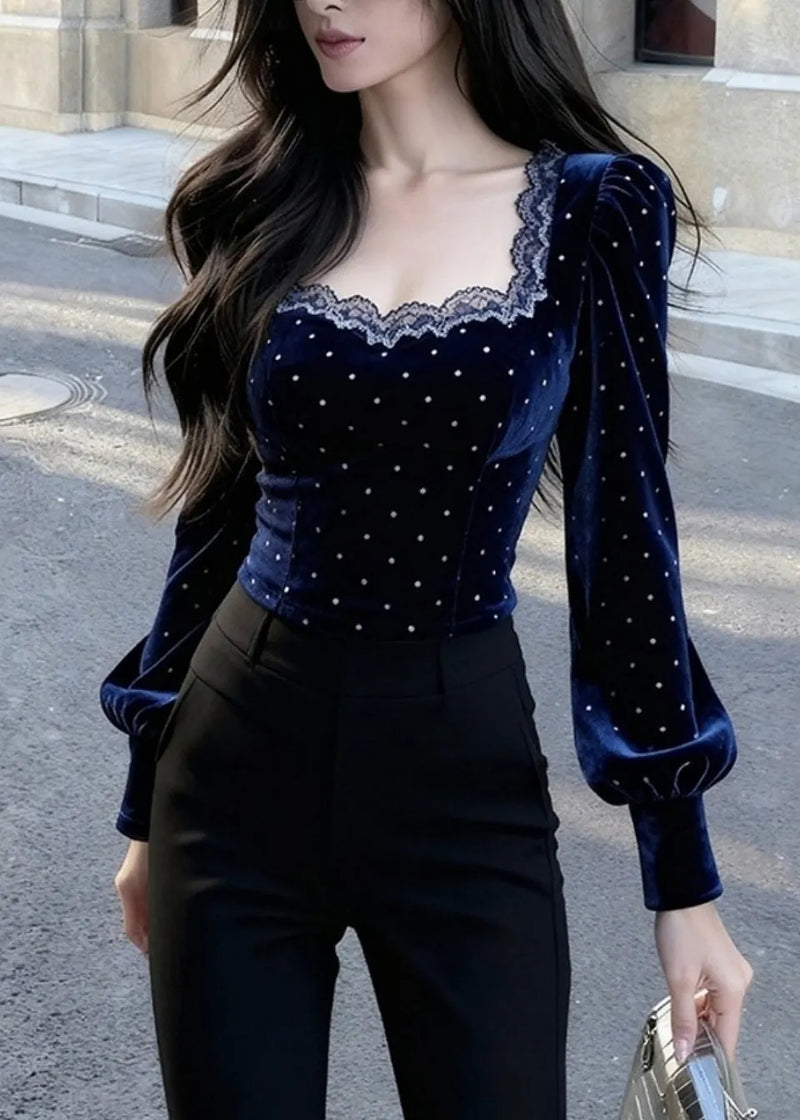 Blue Square Collar Lace Patchwork Silk Velour Tops Spring