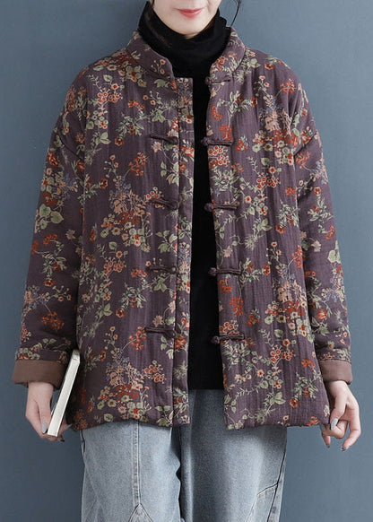 Red Stand Collar Print Oriental Button Fine Cotton Filled Jacket in Winter