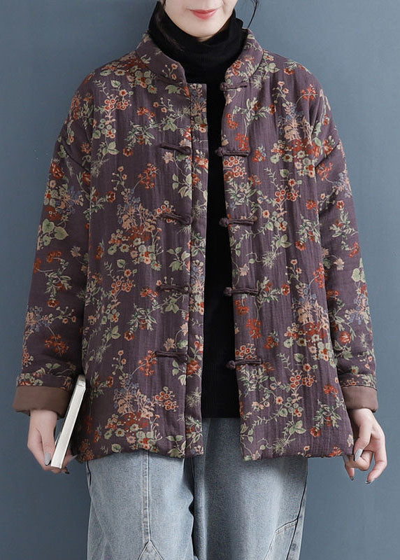 Red Stand Collar Print Oriental Button Fine Cotton Filled Jacket in Winter