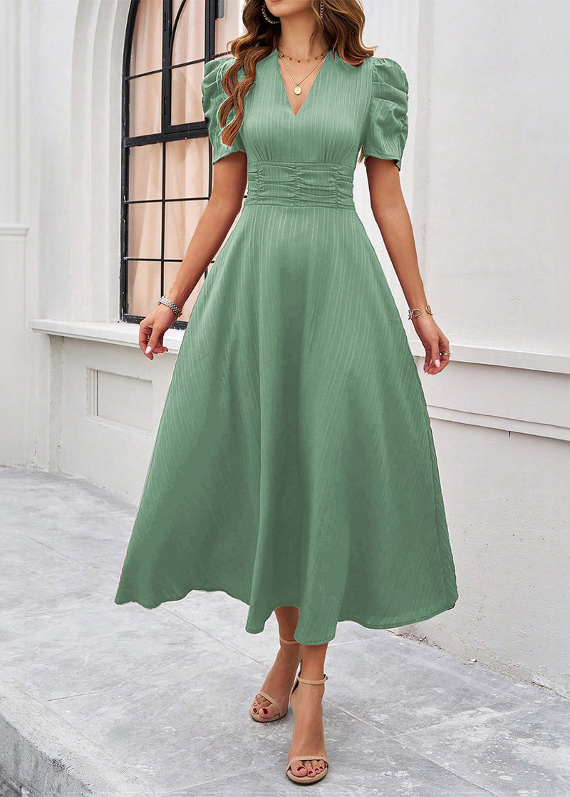 Red V Neck Wrinkled Cotton Long Dress Summer