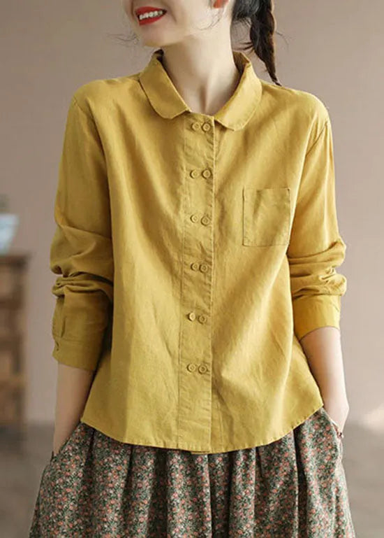 Yellow Peter Pan Collar Button Patchwork Linen Shirts Tops Spring