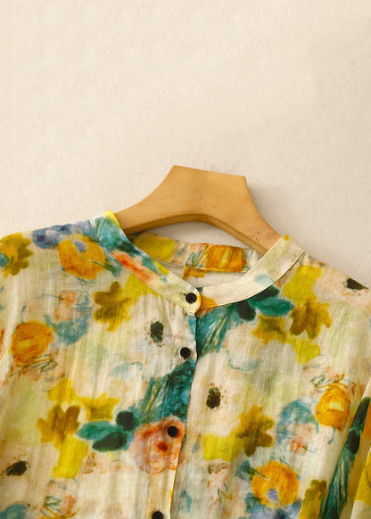 Yellow Button Print Linen Shirt Lantern Sleeve