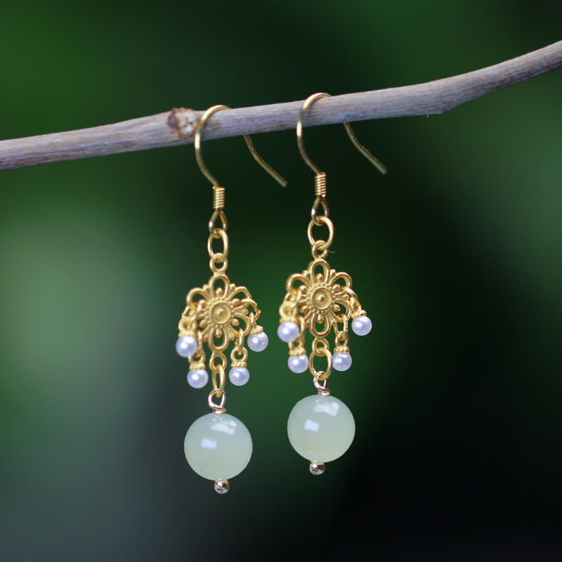 Hetian Jade Flower Pattern 14k Gold Plated Luck Drop Dangle Earrings