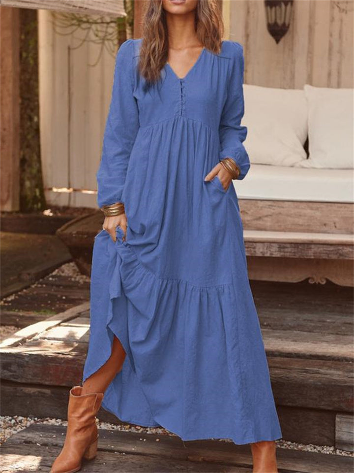 Color Buttoned Cotton and Linen Retro Long-sleeved Dresses Swing Long Dress