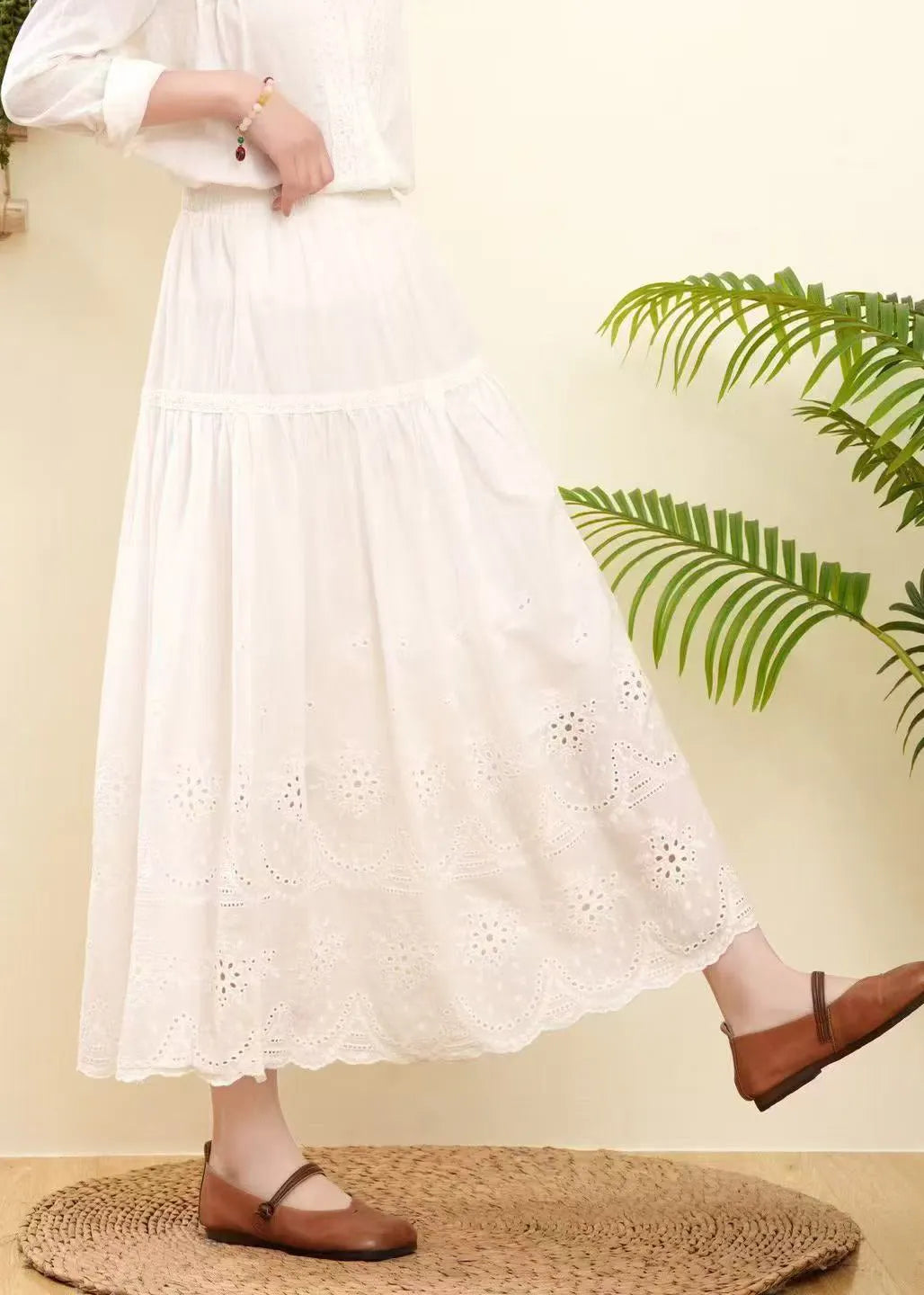 Rose Embroidered Hollow Out Cotton Skirts Summer