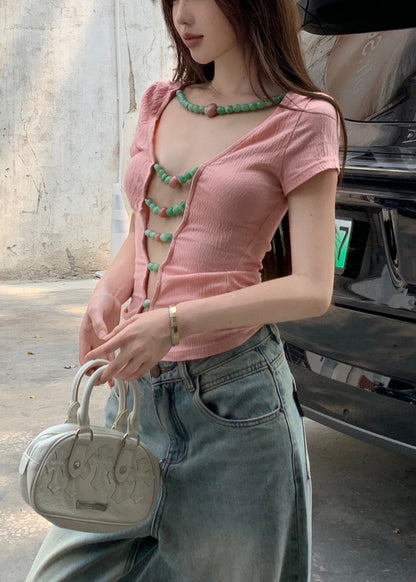 Pink Beading Wear on Both Sides Cotton T Shirts Summer