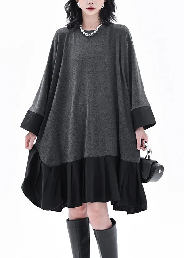 Grey O-neck Patchwork Long Dress Batwing Sleeve