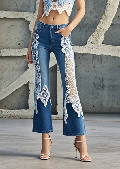 Denim Blue Lace Patchwork Slim Fit Flared Trousers Fall