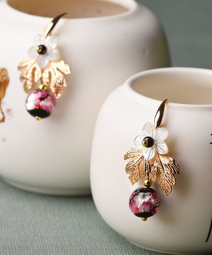White Shell Flower Red Coloured Glaze Metal Drop Earrings
