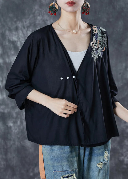 Black Embroidered Cotton Loose Blouses Summer