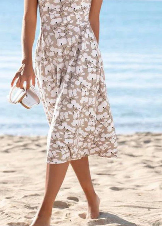 Khaki O Neck Print Cotton Vacation Dresses Sleeveless