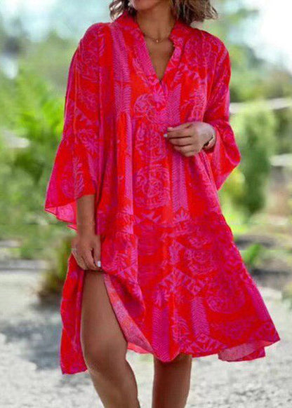 Red V Neck Print Maxi Dress Spring