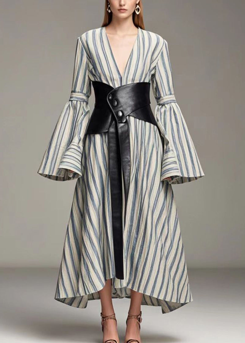 Blue Striped Cotton Cinched Dresses Deep-v Neck Flare Sleeve