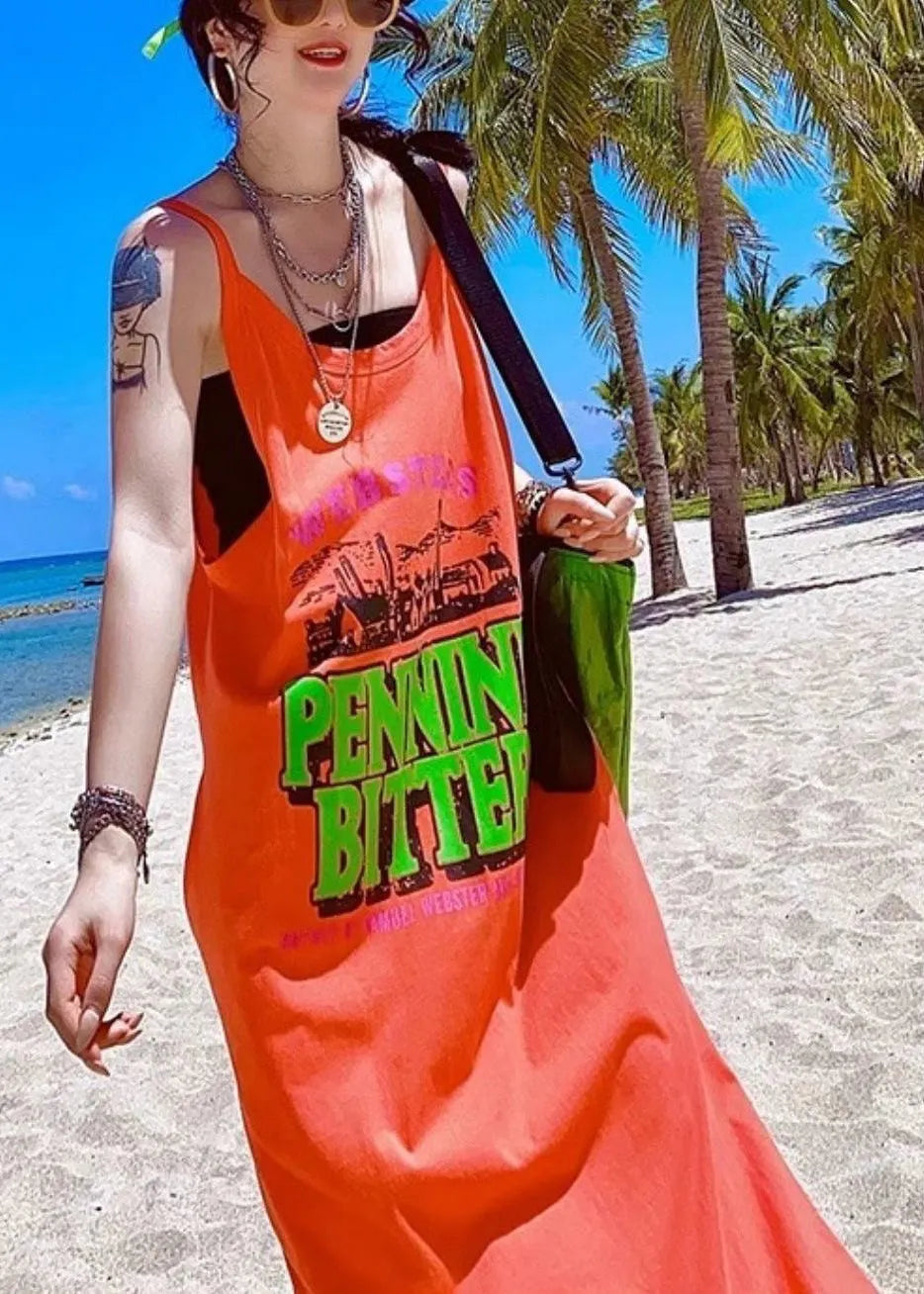 Orange Oversized Print Cotton Vacation Sundresses Summer
