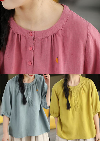 Yellow O-neck Embroidered Cotton Shirt Top Summer