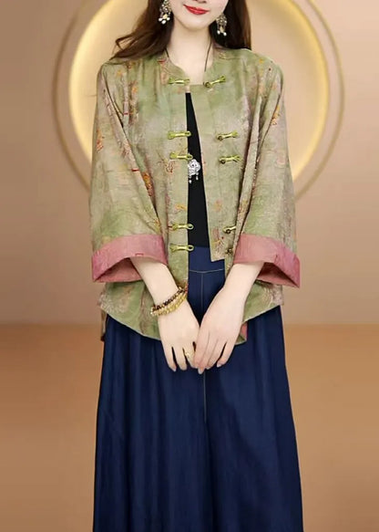 New Yellow Stand Collar Print Chinese Button Silk Cardigan Fall