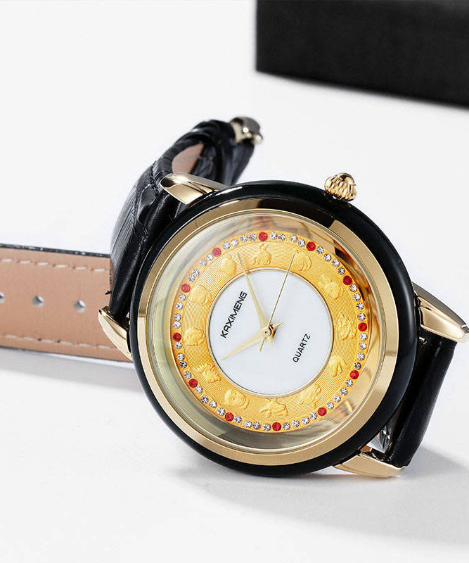 Black Leather Alloy Zircon Inlaid Jade Tempered Glass Waterproof Watch