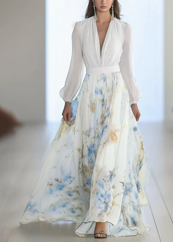 Classy Blue V Neck Print Chiffon Maxi Dresses Long Sleeve