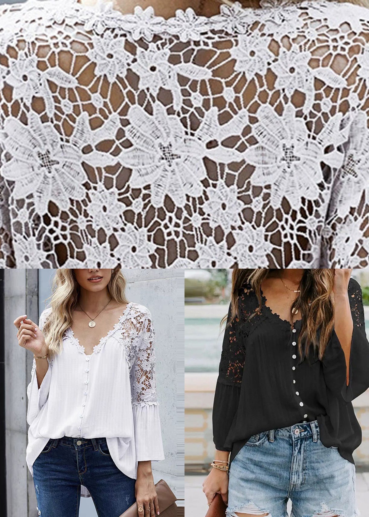 French White Lace Patchwork Shirts Flare Sleeve