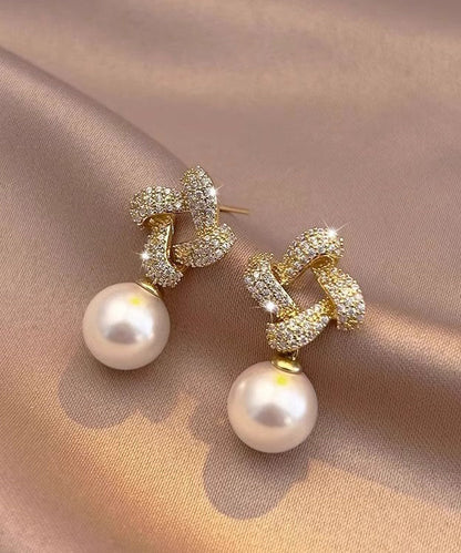 Gold Sterling Silver Overgild Zircon Pearl Square Drop Earrings