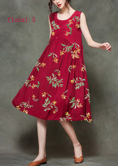 Wine Red-floral2 O-neck Wrinkled Long Dresses Sleeveless