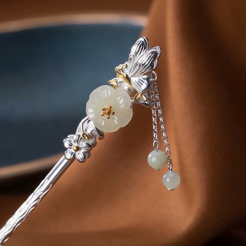 925 Sterling Silver Hetian White Jade Flower Blessing Chinese Hairpin