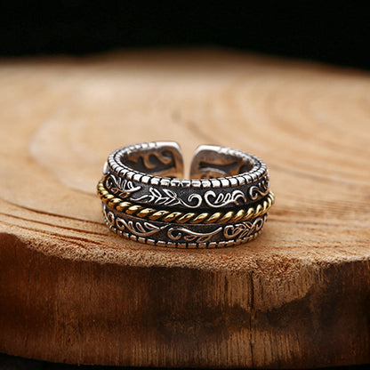 925 Sterling Silver Tang Dynasty Flower Design Luck Adjustable Ring