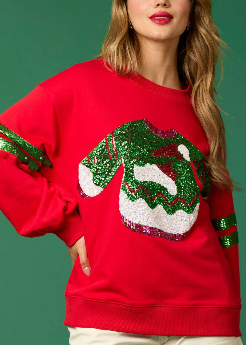 Style Red O Neck Sequins Cotton Christmas Sweatshirts Top Winter