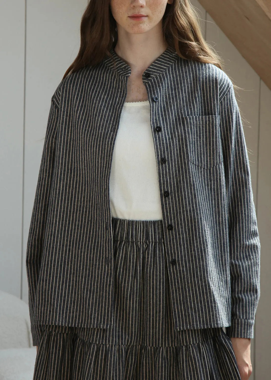 Loose Stand Collar Striped Button Cotton Shirt Spring