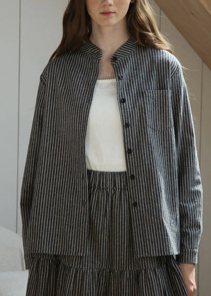 Loose Stand Collar Striped Button Cotton Shirt Spring